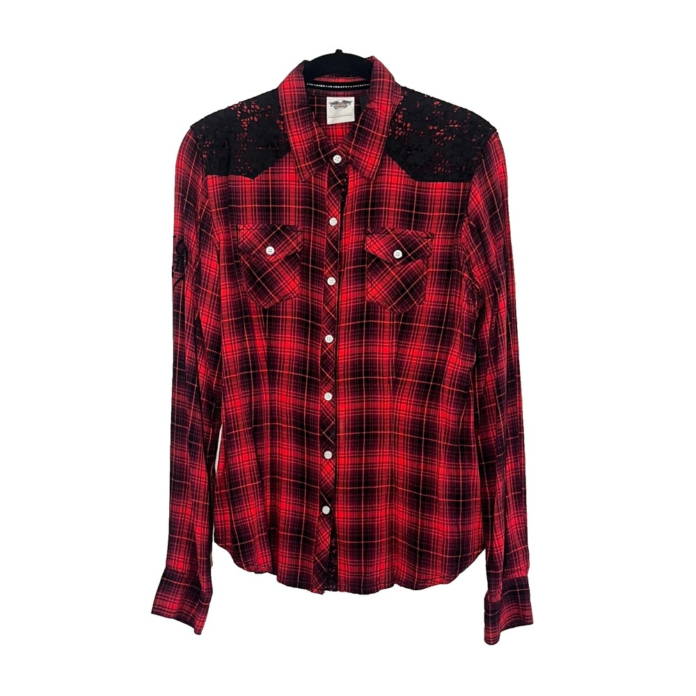 Harley Davidson Button Snap Shirt Red Plaid M Biker Grunge Western Floral Lace